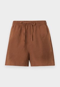 Brune, lette shorts med elastisk midje og snor. Har en løs passform og glatt tekstur, egnet for uformell bruk.
