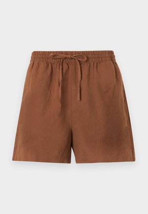 Hnedé, ľahké šortky s elastickým pásom a šnúrkou. Vyznačujú sa voľným strihom a hladkou textúrou, vhodné na bežné nosenie.