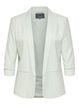 Lysegrønn blazer for kvinner med trekvart ermer, åpen front, slagkrage og to frontlommer med spalter.