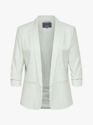 Lysegrønn blazer for kvinner med trekvart ermer, åpen front, slagkrage og to frontlommer med spalter.