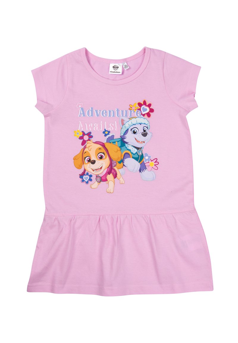 Rosa Baumwollkleid mit ausgestelltem Rock, kurzen Ärmeln und einem grafischen Druck von zwei cartoonhaften Welpen mit floralen Akzenten und Text.