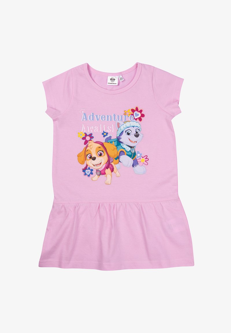 Rosa Baumwollkleid mit ausgestelltem Rock, kurzen Ärmeln und einem grafischen Druck von zwei cartoonhaften Welpen mit floralen Akzenten und Text.