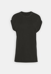 Czarna koszulka z krótkim rękawem i podwiniętymi rękawami, z okrągłym dekoltem, wyeksponowana na jednolitym jasnoszarym tle.