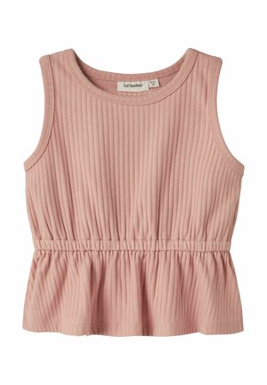 Ærmeløs lyserød ribbet bomuldstop til småbørn med rynket talje og rund halsudskæring.