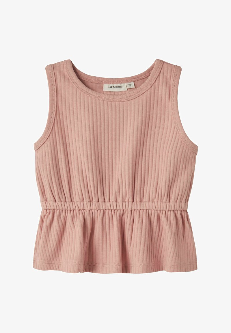 Top sans manches en coton côtelé rose pour tout-petits avec taille froncée et col rond.