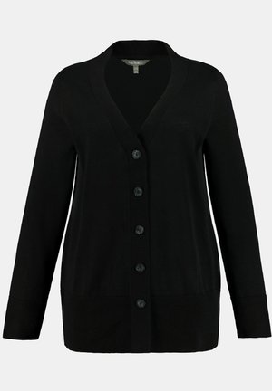 Cardigan nero con scollo a V, maniche lunghe e sei grandi bottoni sulla parte anteriore; polsini e orlo a coste, texture a maglia liscia.