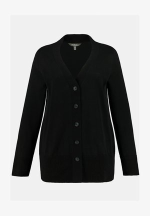 Cardigan noir avec un col en V, des manches longues et six grands boutons sur le devant ; poignets et ourlet côtelés, texture en tricot lisse.