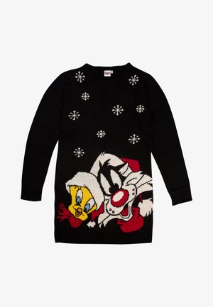 Schwarzer Strickpullover mit weißen Schneeflockenmustern, auf der Vorderseite mit bunten Cartoonbildern von Tweety Bird und Sylvester der Katze.