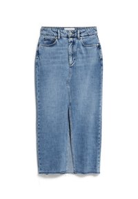 Lichtblauwe denim rok met een rechte pasvorm, knie lengte, een uitsparing aan de voorkant, vijfzakkenontwerp en contrasterende stiksels.