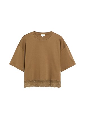 Braunes kurzärmeliges, bauchfreies T-Shirt mit rundem Ausschnitt und Spitzenbesatz am Saum.
