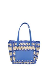 Blauwe en beige geweven draagtas met leren accenten, voorzien van twee lange handvatten en een rechthoekige leren patch aan de zijkant.