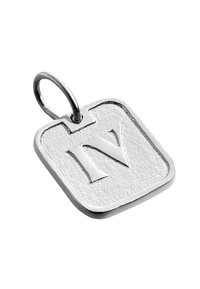 Pendiente cuadrado de plata con superficie texturizada y letra "N" en relieve en el centro, unido a un lazo liso para una cadena.