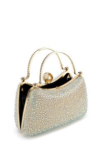 Mit Schmucksteinen besetzte Handtasche in runder Form, gefertigt aus schimmernden, mehrfarbigen Kristallen, mit goldenen Beschlägen und einem schwarzen Innenraum.