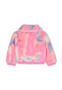 Giacca in pile con un motivo tie-dye rosa, bianco e blu, dotata di colletto e polsini elastici, con una cintura solida rosa.