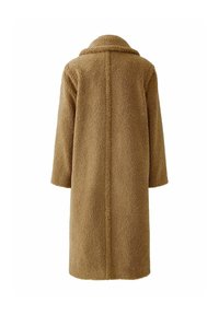 Lange bruine teddyjas met een brede kraag, op middellange lengte en van textuur fleece-stof, getoond vanuit de achterkant.