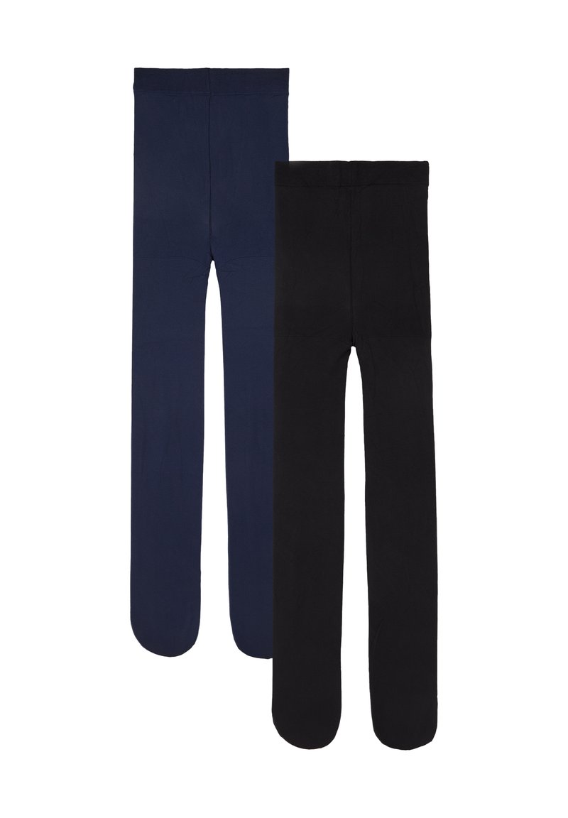 Due coppie di leggings, una blu navy e una nera, con una texture liscia, vita elastica e design aderente.