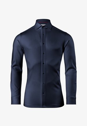 Navyblaues Langarmhemd aus glattem Stoff, mit einem spitzen Kragen, sechs Knöpfen vorne und geknöpften Manschetten.