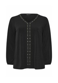 Top lungo nero a maniche con scollatura a V e una linea verticale di borchie metalliche sul davanti, realizzato in un tessuto morbido e fluido con una vestibilità comoda.