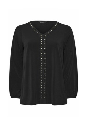 Top lungo nero a maniche con scollatura a V e una linea verticale di borchie metalliche sul davanti, realizzato in un tessuto morbido e fluido con una vestibilità comoda.