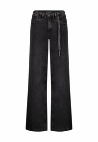 Wijdvallende zwarte denim broek met een hoge taille, voorzien van een tailleband met riemlussen en een afneembare strikriem. Smooth, matte textuur.