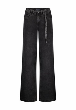 Wijdvallende zwarte denim broek met een hoge taille, voorzien van een tailleband met riemlussen en een afneembare strikriem. Smooth, matte textuur.