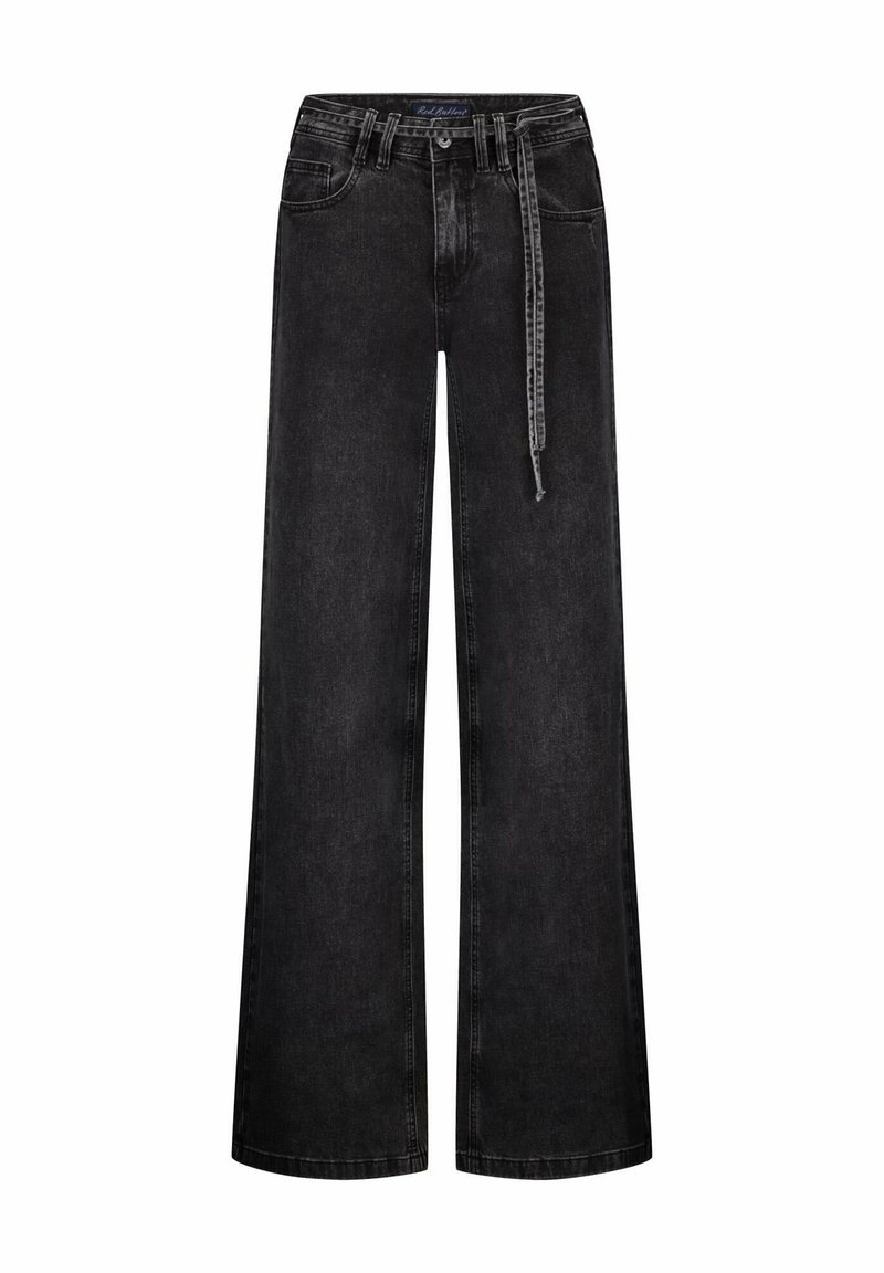 Wijdvallende zwarte denim broek met een hoge taille, voorzien van een tailleband met riemlussen en een afneembare strikriem. Smooth, matte textuur.