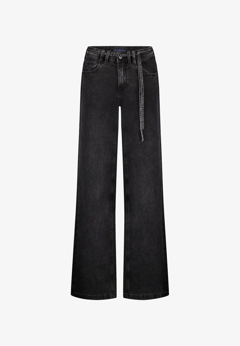 Schwarze Weitbein-Jeans mit hoher Taille, versehen mit einem Gürtelloops-Bund und einem abnehmbaren Knoten-Gürtel. Glatte, matte Textur.