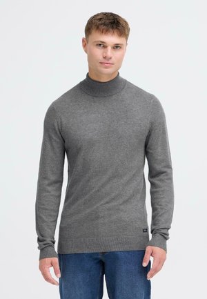 Grauer Rollkragenpullover aus weichem Material, mit langen Ärmeln und gerippten Bündchen und Saum. Einfaches Design ohne sichtbare Muster.