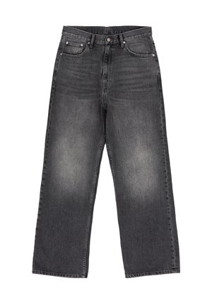Grå denim brede benbukser med en falmet finish, fem-lomme design og metalhardware. Lige snit med høj talje for en afslappet pasform.