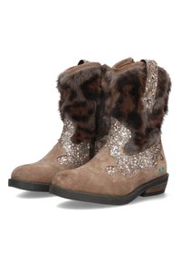 Bruine suède laarzen met een faux fur top, sprankelende glinsteraccenten, een zijrits en een lage hak. Voorzien van stervormige versieringen.