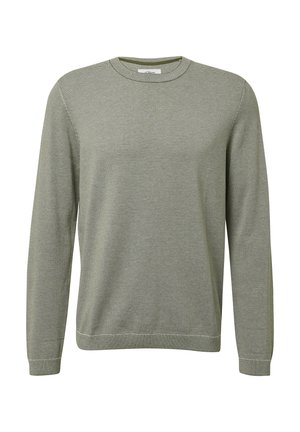 Langärmeliger Pullover mit Rundhalsausschnitt in hellem Olivgrün mit dezentem Streifenmuster, ausgestattet mit gerippten Bündchen an Ärmeln und Saum. Weicher Baumwollmischstoff.