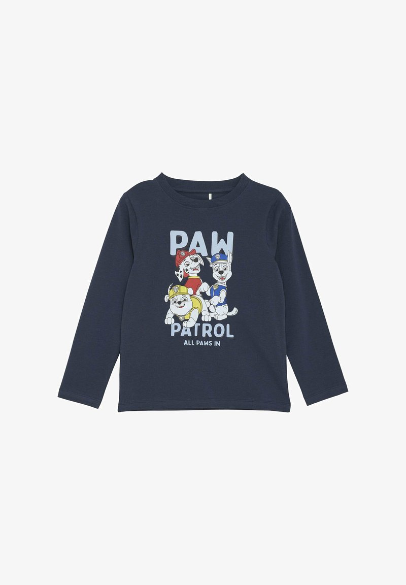 Marineblaue Langarmshirt mit einem Grafik von vier Cartoon-Hunden und dem Text "PAW PATROL" und "ALL PAWS IN" in fetter Schrift.