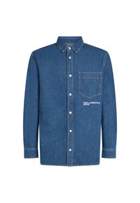 Plava traper košulja s dugim rukavima, dugmad naprijed, klasični okovratnik, jedan džep na grudima i "KARL LAGERFELD JEANS" logo u bijeloj boji.