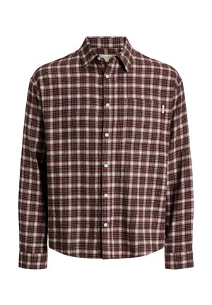 Chemise à manches longues boutonnée avec motif à carreaux rouge, blanc et marron et petite poche poitrine.