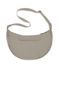 Beige színű, félhold alakú válltáska állítható pánttal és elülső cipzáras zsebbel, sima szövetből készült.