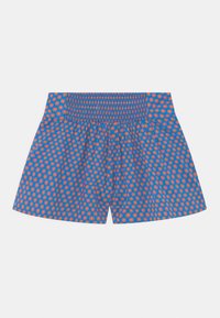 Pantaloncini blu con vita elastica, caratterizzati da un motivo floreale in arancione e giallo, realizzati in tessuto leggero.