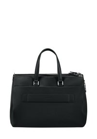 Black nylon handbag with dual top handles, zip closure, front patch pocket, and silver-tone hardware. Smooth texture, structured design.