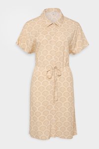 Beige short-sleeved shirt dress with a shell pattern, button-down front, and tie waist detail. Lightweight fabric and relaxed fit.