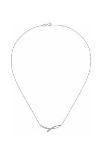 Silberne Kettenhalskette mit einem glatten, geschwungenen Anhänger, der eine Reihe von kleinen klaren Steinen zeigt. Minimalistisches Design, feine Gliederkette.