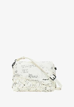 White rectangular handbag made of woven material, featuring handwritten text and sketches. Includes a detachable shoulder strap and metal hardware.
