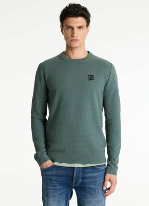 Groen textuur sweatshirt met een ronde halslijn, geribbelde manchetten en een klein zwart logo-opdruk op de borst, gecombineerd met blauwe spijkerbroek.