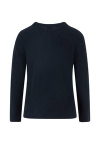 Pull en maille côtelée bleu marine avec un col rond, des manches longues et un ourlet droit. Fabriqué en matériau tricoté texturé.
