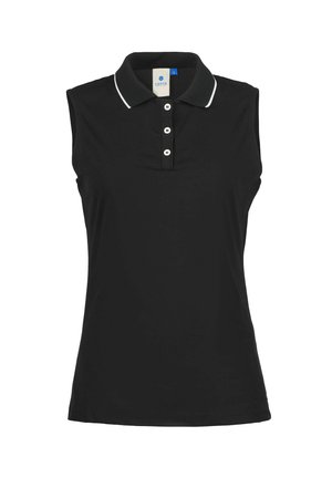 Černé polotriko bez rukávů s bílým lemováním na límci a třemi bílými knoflíky na předním pásku.