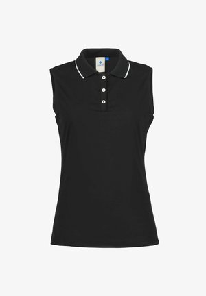 Černé polotriko bez rukávů s bílým lemováním na límci a třemi bílými knoflíky na předním pásku.