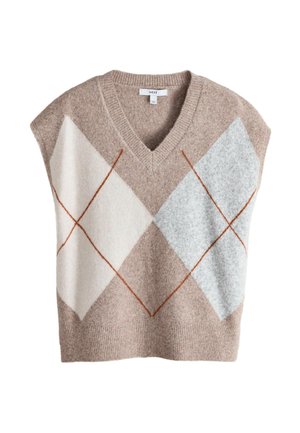 Ærmeløs strikket sweatervest med V-hals i beige med et argylemønster med hvide, lysegrå og orange diagonale linjer.