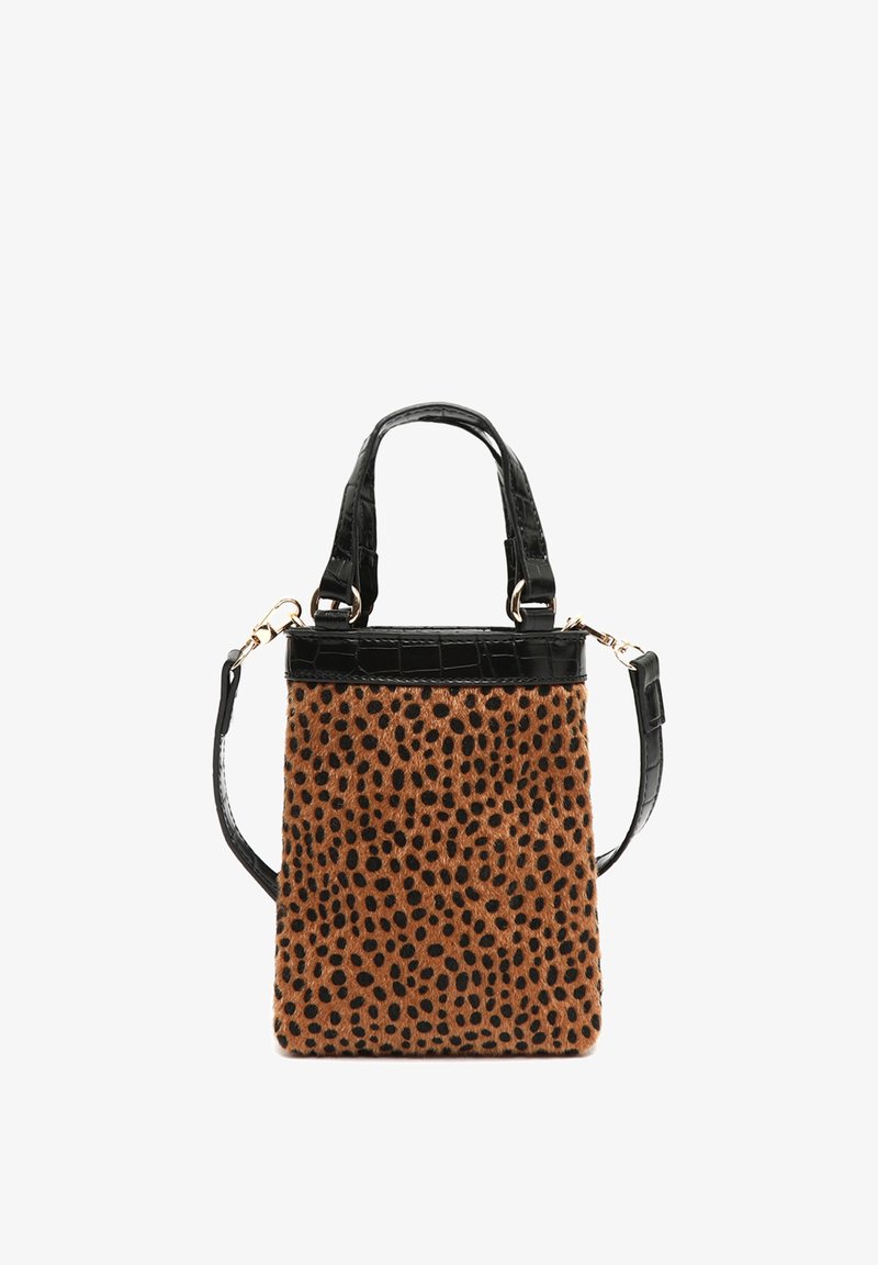 Leopardimustriga käekott pehme pruuni tekstuuriga, mustade läikivate kunstnahast aktsentidega, kahepoolsed käepidemed ja eemaldatav õlavarre rihm.
