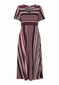 Gestreiftes Kleid in burgunderrot, pink und schwarzen Tönen. Mit V-Ausschnitt, kurzen Ärmeln und einem fließenden Design mit vertikalen Streifen. Dehnbare Stoffqualität.