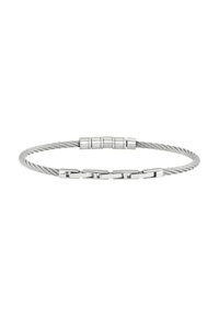 Pulsera de tono plateado que presenta hilos de metal retorcidos, diseño segmentado con eslabones metálicos lisos y un cierre cilíndrico.