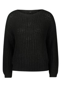 Pull noir en tricot avec un tissage lâche et ouvert, encolure large et manches longues. Ourlet et poignets côtelés pour un fini texturé.