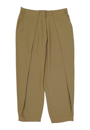 Beige bukser med høj talje med plisseringer, sidelommer samt lukning foran med knap og lynlås.